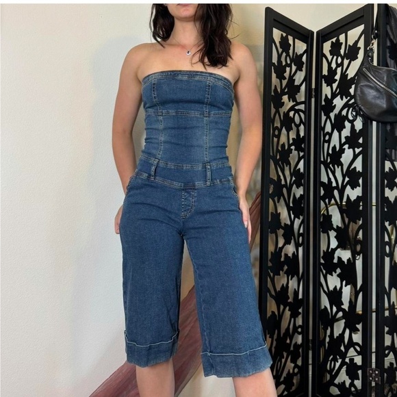 Vintage Pants - Vintage Y2K Denim romper Jumpsuit Jeans Blue Halter Fitted Corset Wide leg M